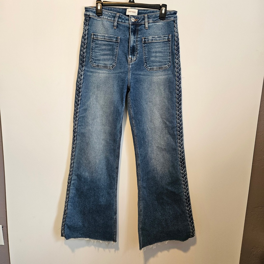 Driftwood Charlee Jeans W31 L31 Blue Braided Side Trim Wide Leg Raw Hem Boho